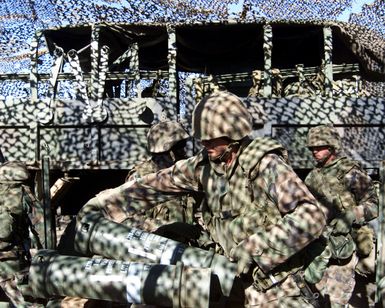 Marines from Alpha Battery, 1ST Batallion, 12th Marines, prepare for a fire mission for the M-189 Howizter which they maintain. These Marines are in the midst of a Hawaiian Combined Arms Operation within the Pohakuloa Training Area, Hawaii