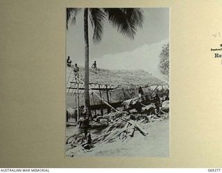 MENDAROPU, NEW GUINEA. 1942-11. NATIVES THATCHING THE ROOF OF A NEW HOSPITAL HUT WHICH THEY ARE BUILDING FOR THE UNITED STATES FORCES
