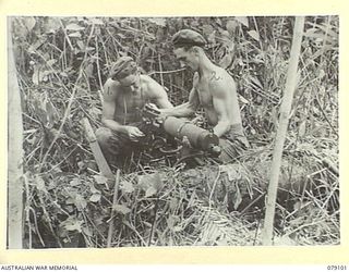 WARAPA AREA, BOUGAINVILLE ISLAND. 1945-02-13. QX55360 PRIVATE J. WILSON (1) AND Q102388 PTE F.J. KELLY (2) 61ST INFANTRY BATTALION MOUNTING THEIR VICKERS GUN ON THE COMPANY PERIMETER IN PREPARATION ..