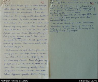 Hand-written biographical notes by Sister M Zita