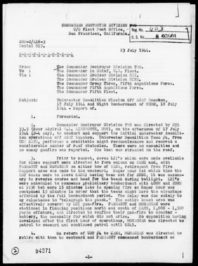 COMDESDIV 2 - Report of Underwater Demolition Mission off Agat Beaches Guam 7/17/44 and Night Bombardment of Guam Island, Marianas, 7/18/44