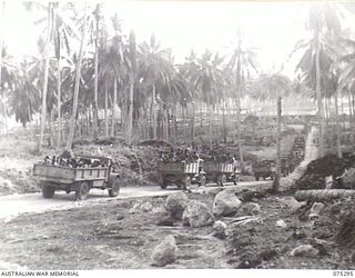 MADANG, NEW GUINEA. 1944-08-15. A CONVOY OF SOME 57 MOTOR VEHCILES FROM THE 165TH GENERAL TRANSPORT COMPANY MOVING DOWN THE HILL FROM GUM VILLAGE LOADED WITH NATIVE LABOURERS WHICH ARE TO BE ..