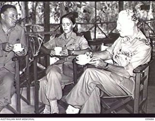 LAE, NEW GUINEA, 1946-01-28. THE HONOURABLE F. M. FORDE, MINISTER FOR THE ARMY (1), SISTER D. J. DEALL (2) AND LIEUTENANT-GENERAL H. C. H. ROBERTSON, GENERAL OFFICER COMMANDING FIRST ARMY (3) ..