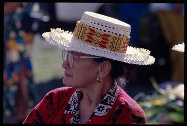 Woman wearing woven hat, Cook Islands