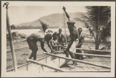 Men building a catamaran, Rabaul, New Britain Island, Papua New Guinea, approximately 1916