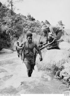 NEW GUINEA. 8 NOVEMBER 1943. MEMBERS OF A PAPUAN INFANTRY UNIT GO OUT ON PATROL IN A FORWARD AREA. SGT. F. WUST OF EUMUNDI, QLD, SEES HIS PATROL ACROSS A RIVER