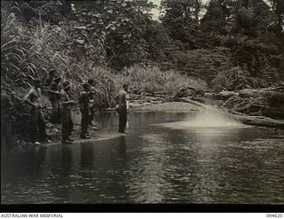 Yara River, New Britain. 1945-07-28. Members of a 2/2nd Cavalry Commando Squadron, AIF, patrol fishing by throwing a grenade in the river and hoping to stun any fish present in the vicinity. See ..