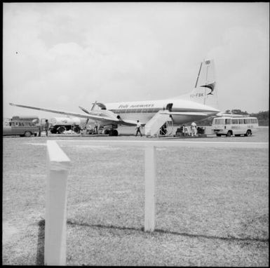 Fiji Airways plane at Port Vila airport, New Hebrides, 1969 / Michael Terry