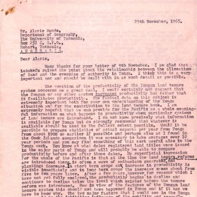 Letter from Alaric Maude to Ron Crocombe and reply