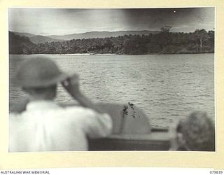 TOL PLANTATION, NEW BRITAIN. 1945-03-14. THE SKIPPER ABOARD THE ML427 LIEUTENANT E. TRICKETT, ROYAL AUSTRALIAN NAVAL RESERVE (1), WITH PA/ V89 LEADING SEAMAN R.V. REANEY (2), SCANNING THE SHORES OF ..