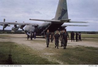 Arrival at Nuku'alofa airport. This image relates to the service of Michael Church, 17 Construction Squadron, who was a member of the Cyclone Isaac mission in 1982, in Tonga.  Cyclone Isaac killed ..