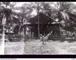 MIRAVASI, NEW GUINEA. 1943-09-16. BEACHMASTER'S HUT AT MIRAVASI. SHIPPING ACROSS THE LAKEKAMU RIVER IS CONTROLLED FROM HERE