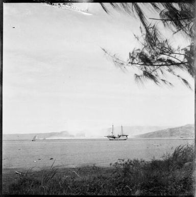 Ship and the Beehives with the harbour covered in ash and pumice, Rabaul Harbour, New Guinea, 1937 / Sarah Chinnery