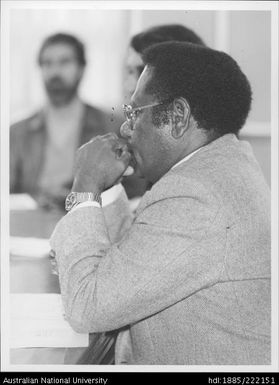 Father John Momis (Leader of the Melanesian Alliance and former Deputy Prime Minister of Papua New Guinea) attending a seminar called "Papua New Guinea, ten years after independence" held at the LF Crisp building