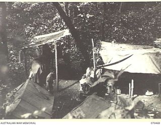 PROTHERO 2 AREA, FARIA RIVER, NEW GUINEA, 1944-02-16. THE KITCHEN OF "A" COMPANY, 57/60TH INFANTRY BATTALION, WHICH IS TUCKED AWAY IN THICK JUNGLE BETWEEN THE PROTHERO FEATURES