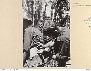 WEWAK AREA, NEW GUINEA, 1945-06-11. CPL L. ALLEN, 2/8 INFANTRY BATTALION (1), SHOWING A SHRAPNEL WOUND TO PTE R.J. WILSON, MEDICAL ORDERLY, REGIMENTAL AID POST (2)