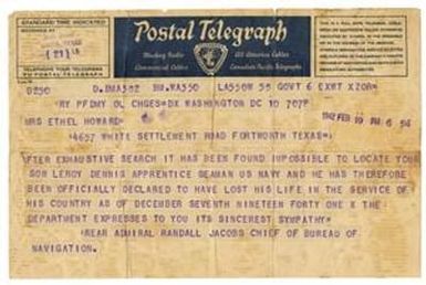 [Telegram from Rear Admiral Randall Jacobs to Ethel Howard, February 10, 1942]