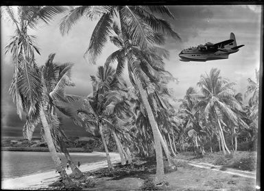 Montage of Solent seaplane flying over a beach in Fiji