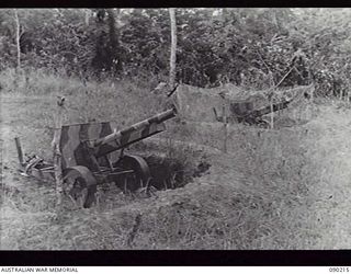 GOODENOUGH ISLAND, NEW GUINEA, 1942-10. A CAMOUFLAGED WOOD GUN. THIS WAS PART OF A MASTERPIECE OF BLUFF AND DECEPTION BY WHICH THE SMALL GROUP OF AUSTRALIANS WHO SEIZED THE ISLAND CONVINCED THE ..