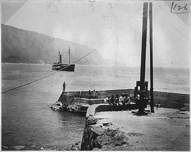 View of dock at Leper Settlement looking West. Range light green & white are shwin on this dock when steamer is sighted.