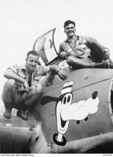 INFORMAL PORTRAIT OF 406895 SERGEANT EDGAR SEYMOUR WOOLCOTT (PILOT), OF PERTH, WA, AND 28902 SERGEANT ROBERT HASENOHR (NAVIGATOR), OF ADELAIDE, SA, WITH THEIR NO 30 (LR/F) SQUADRON, RAAF, ..