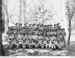 DOBODURA, NEW GUINEA. 1943-10-11. GROUP PORTRAIT OF AUSTRALIAN ARMY SERVICE CORPS, HEADQUARTERS, 11TH AUSTRALIAN DIVISION. LEFT TO RIGHT:- FRONT ROW:-QX16869 PRIVATE J WATKINS; NX153302 CORPORAL R ..
