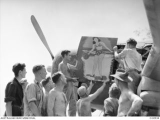 NADZAB, NEW GUINEA. C. 1944-02. AN ENGINE COWLING PANEL DECORATED BY A PAINTING (NOSE ART) OF "ADOPTED" TIVOLI GIRL PERFORMER RUBY LACEY BEING FITTED TO A RAAF VULTEE VENGEANCE DIVE BOMBER AIRCRAFT ..