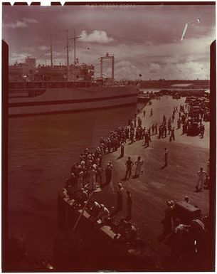 Photograph of the USS Tranquillity (AH-14) Returning to Guam with Survivors of the USS Indianapolis (CA-35)