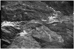 Aerial view of mountains, river, deforested areas, and garden clearings