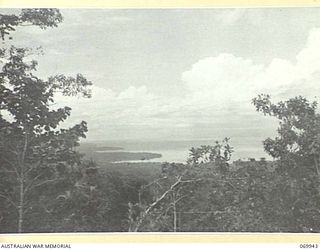 MILNE BAY, NEW GUINEA. 1943-03. A VIEW LOOKING EAST UP THE BAY FROM THE HILL STATION ROAD WHICH IS BEING REBUILT BY SAPPERS OF "D" COMPANY, 2/1ST PIONEER BATTALION