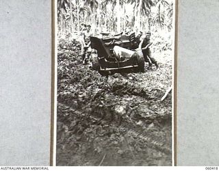 GODOWA, NEW GUINEA. 1943-11-05. TROOPS OF THE 11TH BATTERY, 2/3RD AUSTRALIAN TANK ATTACK REGIMENT AND THE 2/6TH AUSTRALIAN FIELD REGIMENT MAN HANDLING A 57MM. GUN INTO POSITION. SHOWN ARE, LEFT TO ..