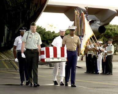 A Joint Honor Guard removes a casket from the rear of a C-17A Globemaster III. During a repatriation ceremony, November 19th, 1999, at Hickam Air Force Base, Hawaii, US Military members assigned to the Pacific Command transport one of the 11 sets of remains believed to be unaccounted for Americans from two different wars