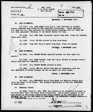 COMNAVFOR, FIJI IS - War Diary, 9/1-30/43