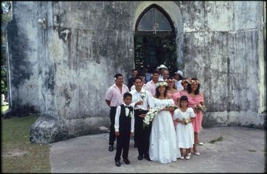 Wedding party outside church, Rarotongan wedding