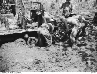 SOUTH BOUGAINVILLE. 1945-07-21. GUNNERS OF 2 FIELD REGIMENT REPLACING THE TRACK ON A JAPANESE PRIME MOVER, USED FOR TOWING TRAILERS LOADED WITH SUPPLIES TO FORWARD AREAS. OWING TO HEAVY RAINS BUIN ..