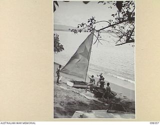 WEWAK, NEW GUINEA. 1945-10-28. MEMBERS OF 16 INFANTRY BRIGADE WITH VARIOUS CRAFT ON THE BEACH PREPARING TO GO TO SEA. THE CRAFT ARE BEING PREPARED FOR THE WEWAK REGATTA TO BE HELD IN DALLMAN ..