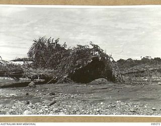 HOPOI, NEW GUINEA, 1943-10-26. REMAINS OF A KITTYHAWK AIRCRAFT WHICH CRASHED IN A RIVER BED. INJURED PILOT WAS LOOKED AFTER BY NATIVES AND SENT ON TO LAE. THE NATIVES THEN CAMOUFLAGED THE PLANE ..