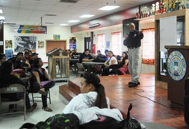 Federal Coordinating Officer Stephen M. DeBlasio Sr., giving opening remarks at Kagman High School before a Hazard Mitigation lecture aimed at educating students on mitigation best practices. After Typhoon Soudelor hit Saipan in August, our teams have been on the ground working with residents to help them recover and share information about building back stronger and more resistant to future typhoons.