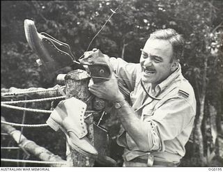 VIVIGANI, GOODENOUGH ISLAND, PAPUA NEW GUINEA. 1943-10-26. FLYING OFFICER J. R. MCENIRY OF BENDIGO, VIC, THE ADJUTANT OF NO. 7 MOBILE WORKS SQUADRON RAAF, IS AN ENTOMOLOGIST WHO KNOWS HIS BUGS AND ..