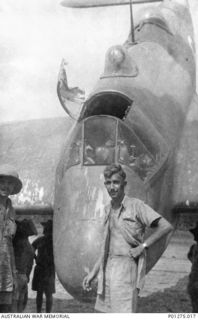 Ward's Airfield, Papua. 1942-11-22. `S' for Sugar Beaufighter aircraft (A19-36) of No. 30 Squadron RAAF on its nose on the air strip after taking hits from Japanese anti-aircraft fire causing the ..