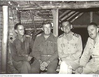 JACQUINOT BAY, NEW BRITAIN. 1945-02-03. THE OFFICIAL PARTY AT THE OPENING OF THE YOUNG MEN'S CHRISTIAN ASSOCIATION AUSTRALIAN COMFORTS FUND SERVICES CLUB AT HEADQUARTERS, 5TH BASE SUB AREA. ..