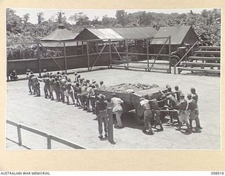 TOROKINA, BOUGAINVILLE. 1945-11-16. JAPANESE WORKING PARTY PULLING A HUGE ROLLER TO FLATTEN AN EXHIBITION TENNIS COURT ON SERVICE ROAD, WHERE EXHIBITION TENNIS MATCHES WILL BE STAGED BY PROMINENT ..