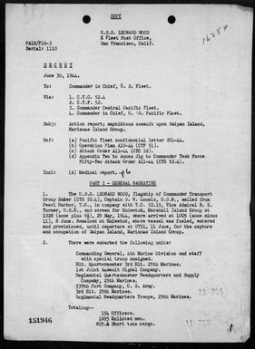 USS LEONARD WOOD - Report of operations in the invasion of Saipan Island, Marianas, 6/15-24/44