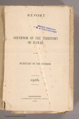 (Title Page to) Report of the Governor of the Territory of Hawaii to the Secretary of the Interior. 1906.