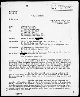 USS MONROVIA - Act Rep, Marshall Islands, 1/30/44 to 2/8/44