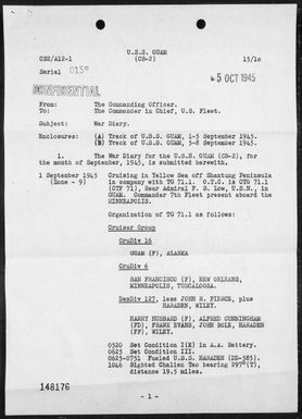 USS GUAM - War Diary, 9/1-30/45