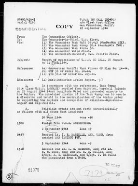 USS MCCALL - Rep of Diversionary Ops in support of Capture & Occup of the Palau Is & Ulithi Carolines, 8/28/44 - 9/21/44, Including A/S Act on 9/6/44