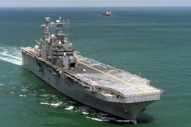 Starboard bow view of the US Navy (USN) TARAWA CLASS: Amphibious Assault Ship USS SAIPAN (LHA 2) underway off the coast of Virginia Beach