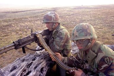 An M-60 machine gun crew from Co. B, 1ST Bn., 5th Inf., 25th Inf. Div., battles opposing forces during an airmobile assault at the Pohakuloa Training Area