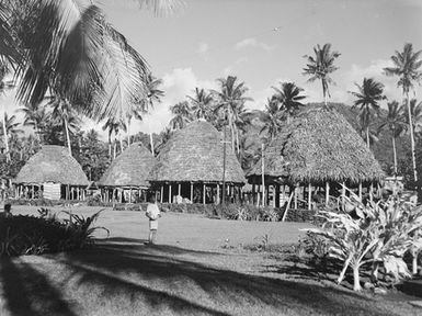 [Boy stands in front of Pacific Island buildings]